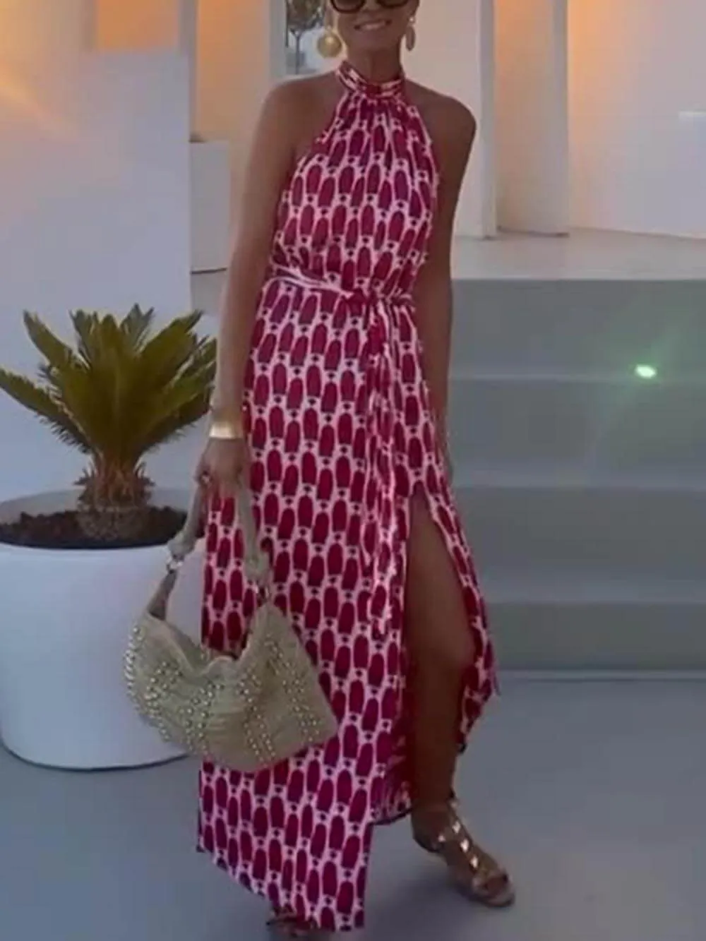 Sexy And Fashionable Printed Halter Neck Beach Slit Midi Dress