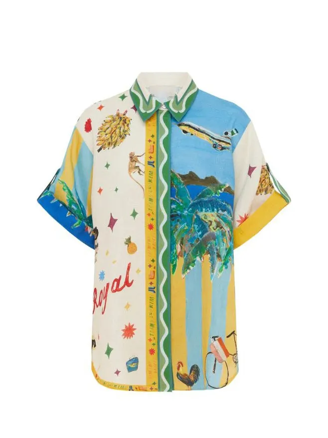 Unique Satin Painted Island Print Skirt And Shirt Two-Piece Set