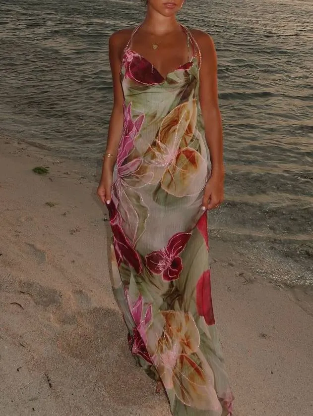 Halter Neck Backless High Slit Printed Dress