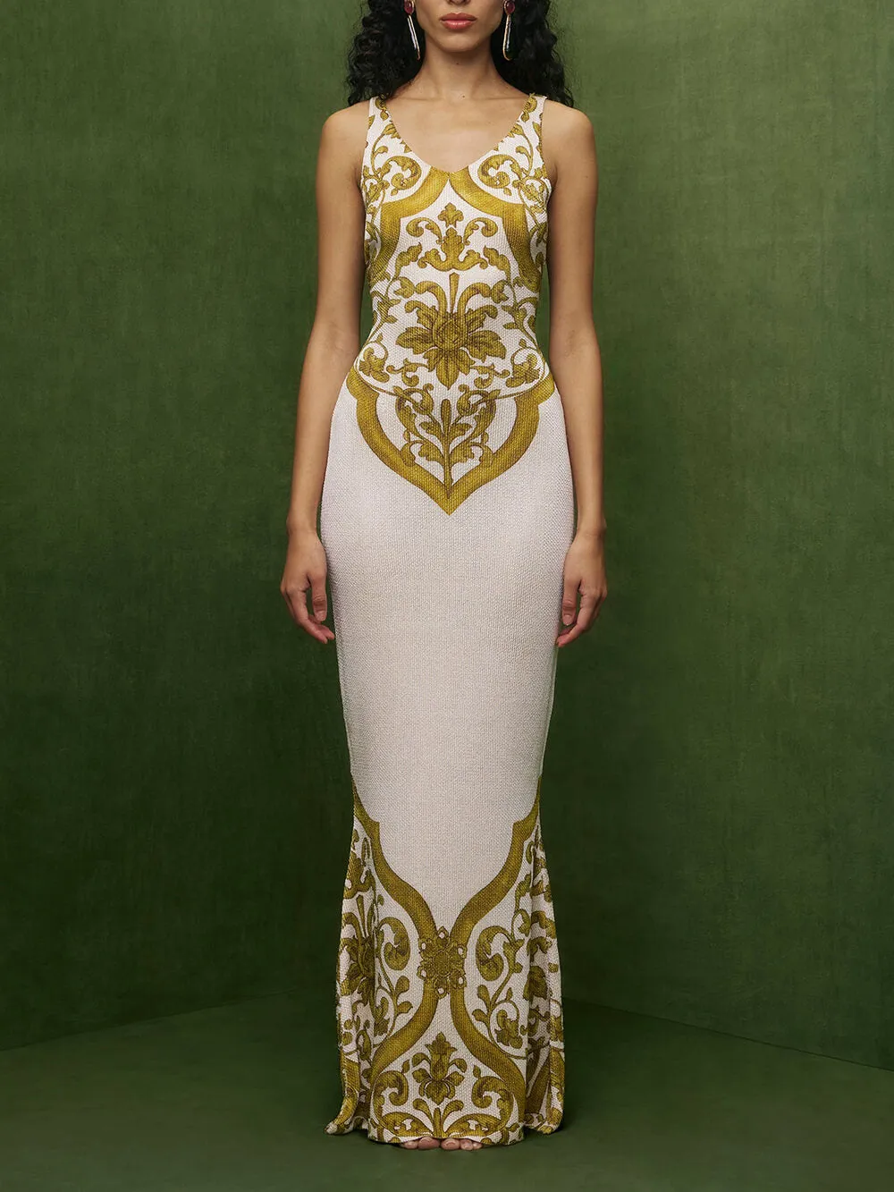 Extraordinary Elegance Symmetrical Unique Print Stretch Fishtail Maxi Dress