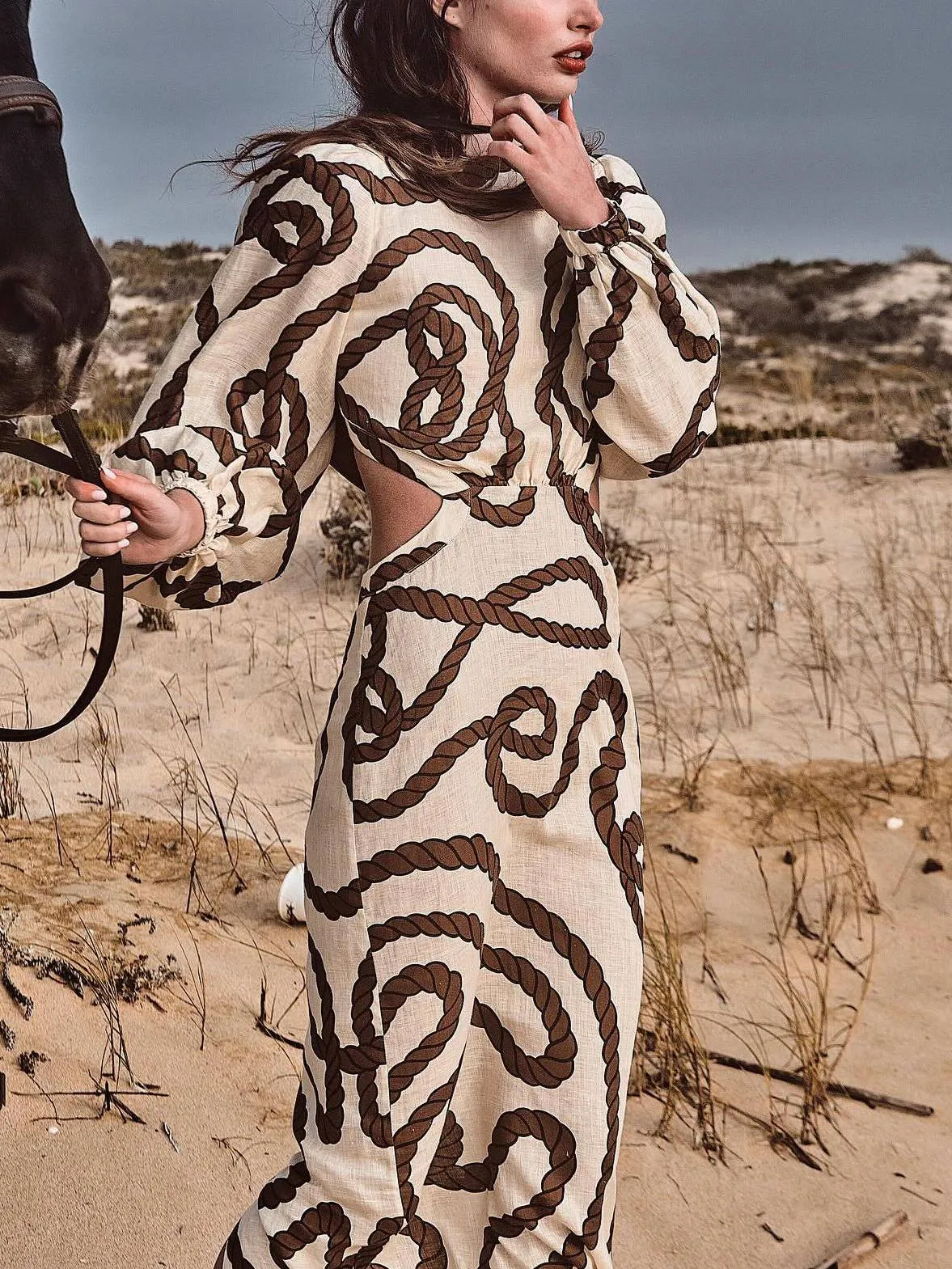 Printed Hollow-out Maxi Dress