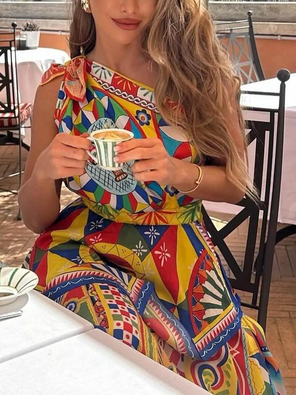 Unique Printed One-Shoulder Irregular Midi Dress