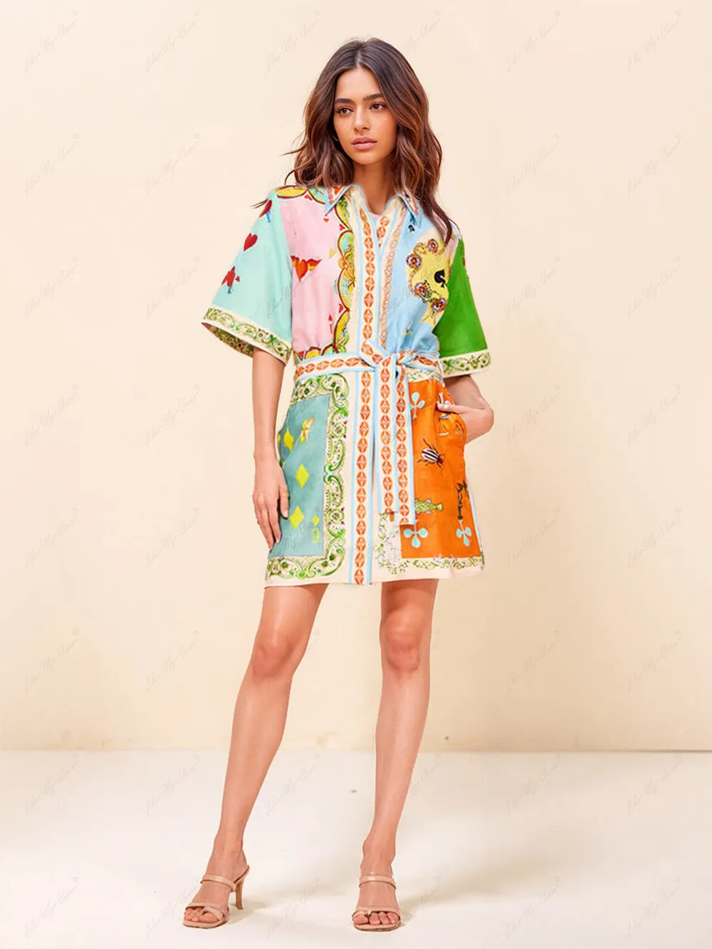 Casual Fashionable Fun Printed Shirt Cardigan Short Dress