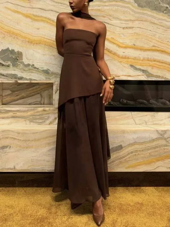 Tube Top Spliced ​​Dress with Scarf