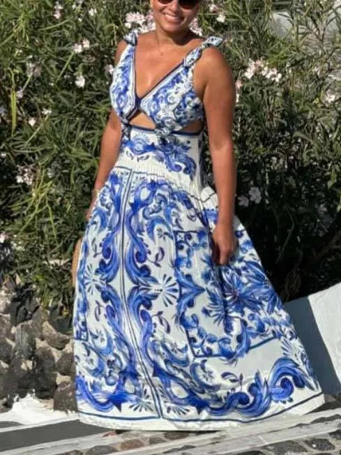 Printed Lace-Up Midi Dress