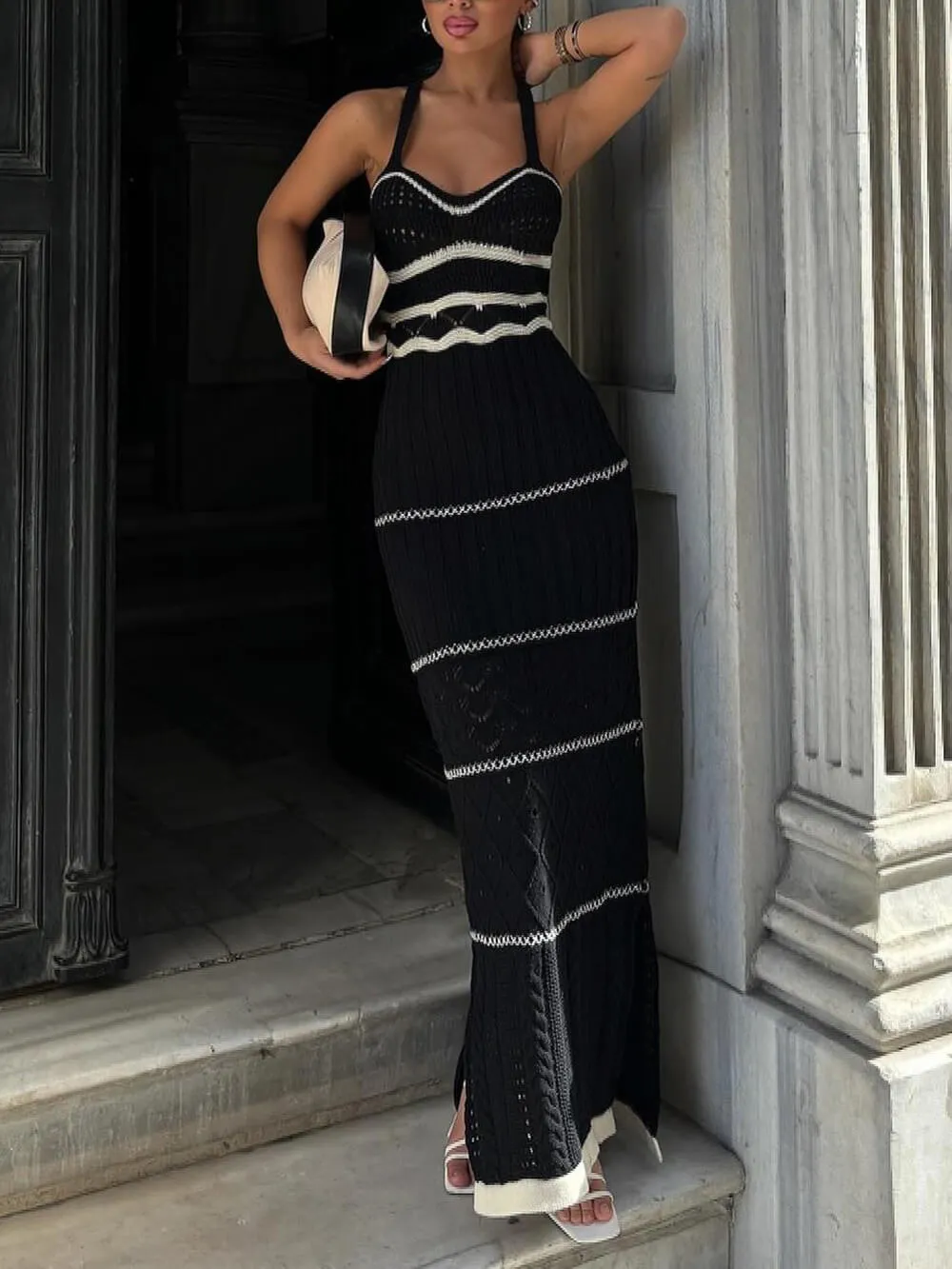 Exquisite Hollow Contrast Color French Suspenders Slim Hip-Hugging Maxi Dress