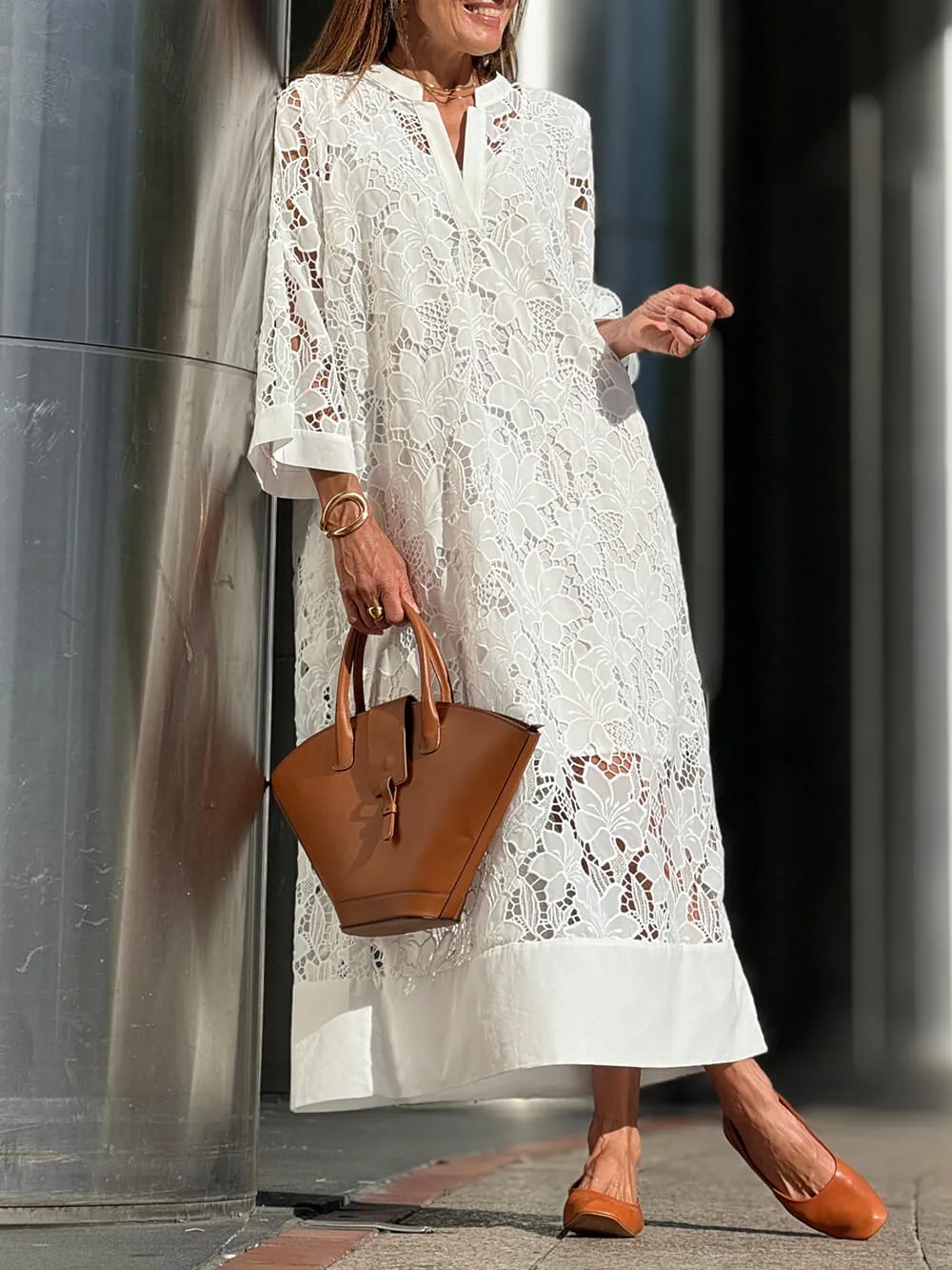 Flower Lace V-Neck Bell Sleeve Loose Midi Dress