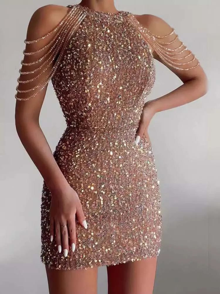 Elegant Crystal Chain Sequin Mini Dress