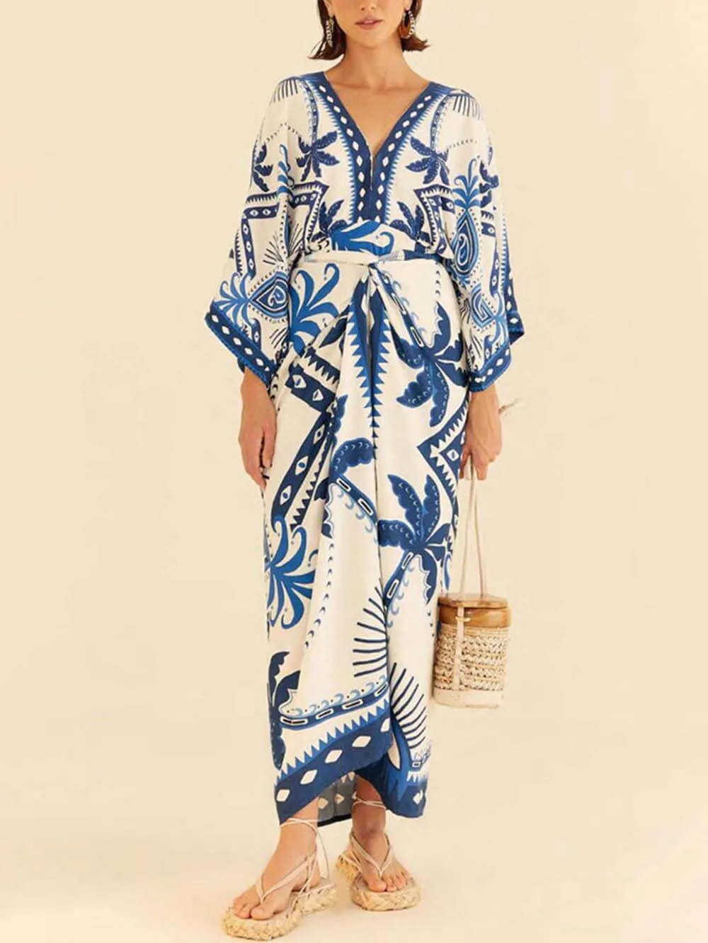 Unique Chic Palm Tree Ethnic Print Fake Two Piece Lace Up Maxi Dress