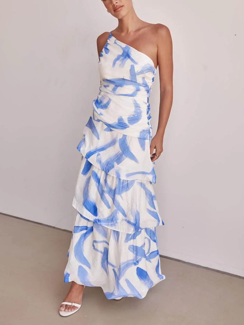 Unique Pleated Asymmetric Neckline Print Maxi Dress