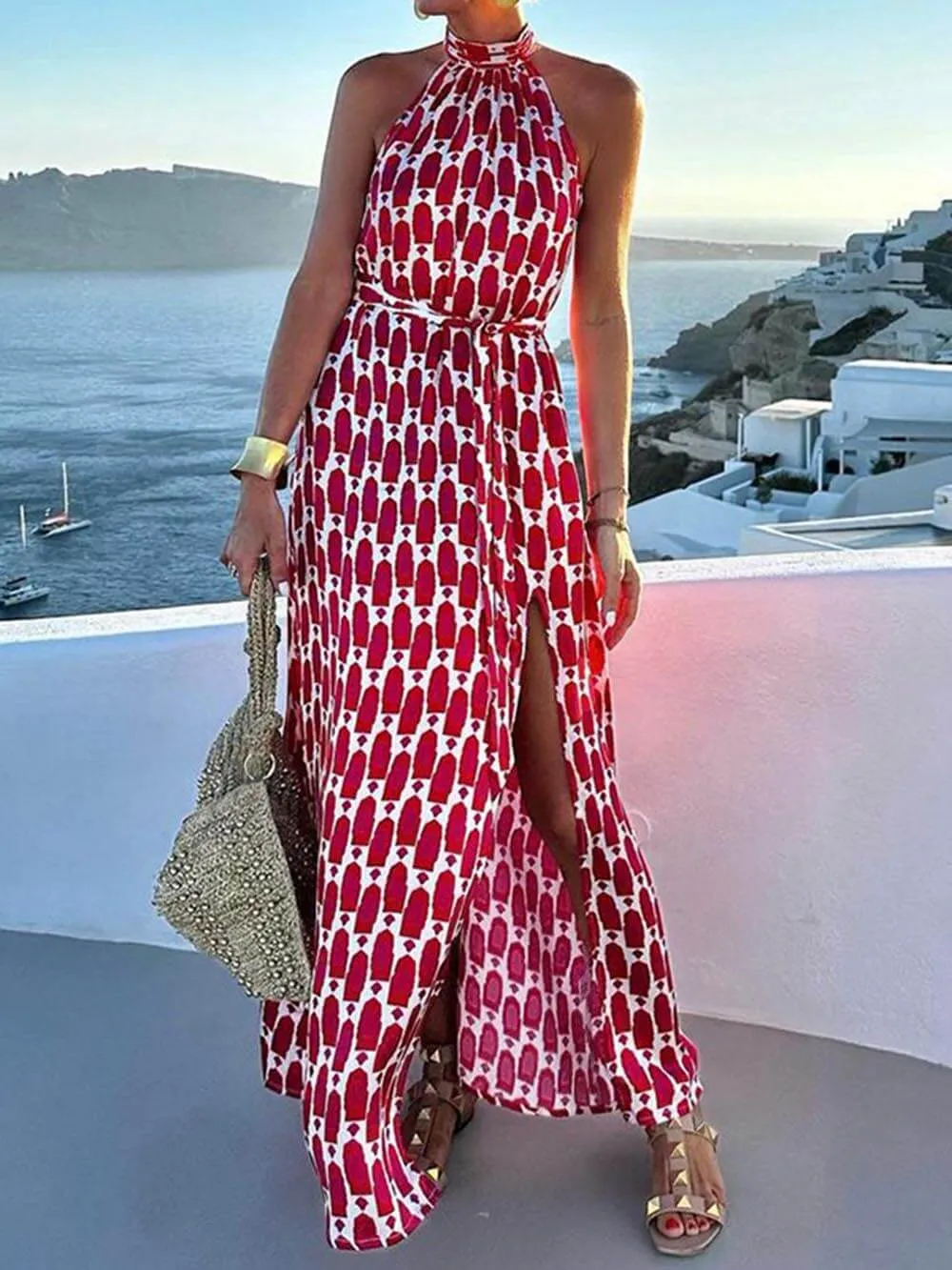 Sexy And Fashionable Printed Halter Neck Beach Slit Midi Dress