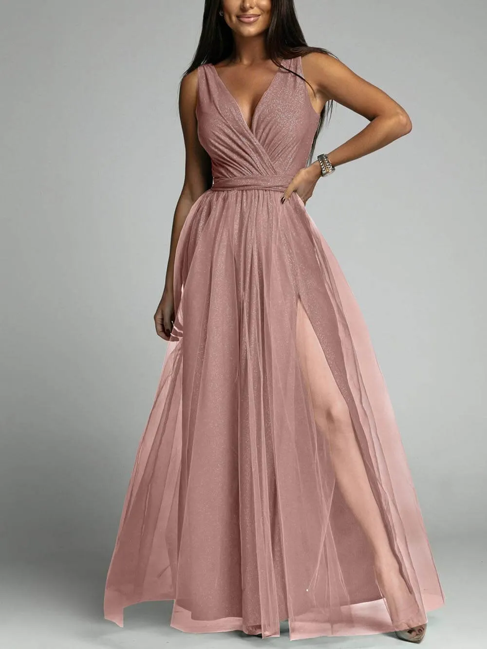 Elegant And Sexy V-Neck Waisted Slit Long Swing Maxi Dress