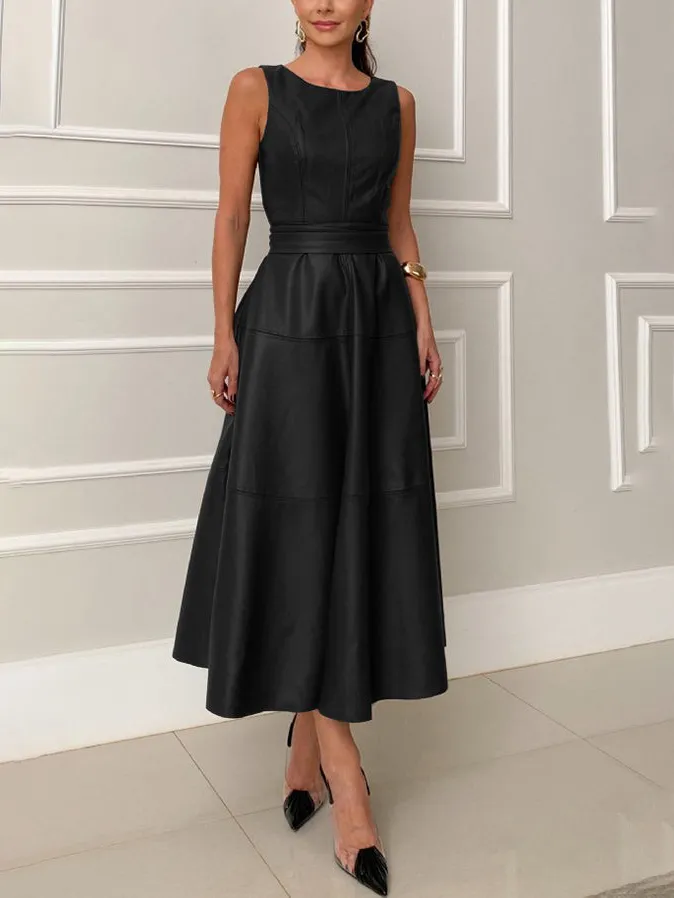 Fashion Round Neck Faux Leather A-Line Midi Dress