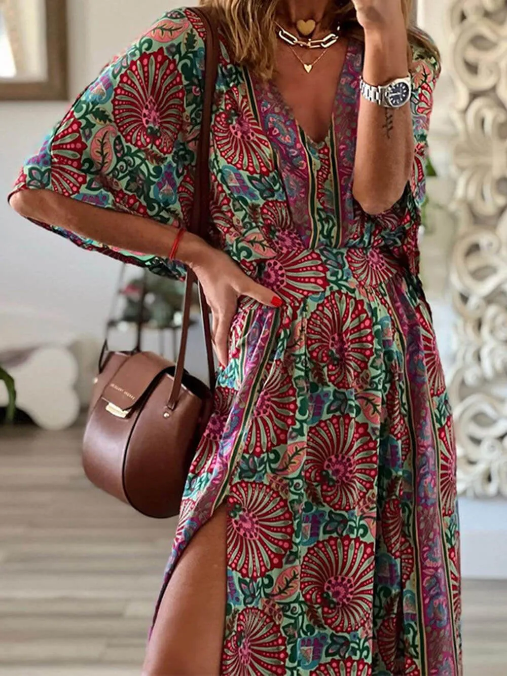 Bohemian Fashion V-Neck Printed Loose Maxi Dress