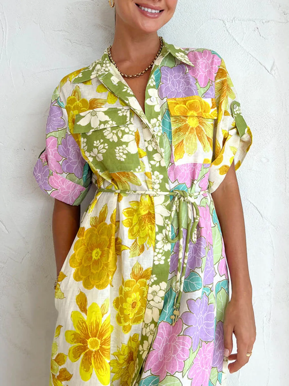 Multicolor Paneled Shirt-Style Midi Dress