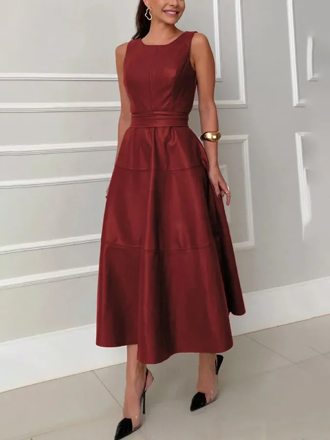 Fashion Round Neck Faux Leather A-Line Midi Dress
