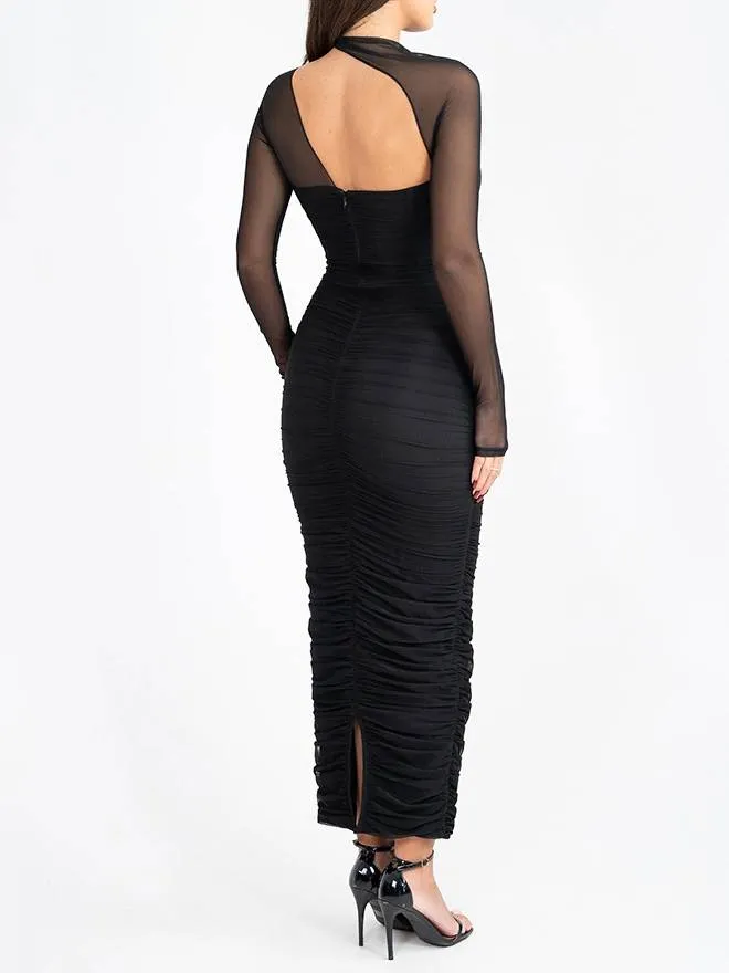 Mesh Backless Pleated Maxi Dress