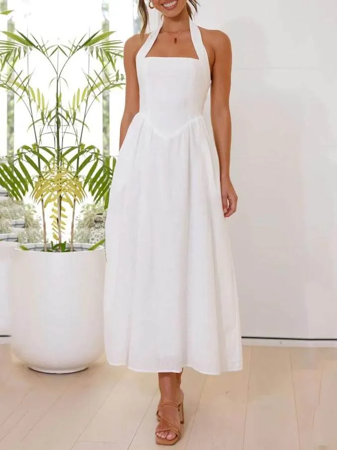 Halter Neck Waist Little Black Dress Mid Length Dress