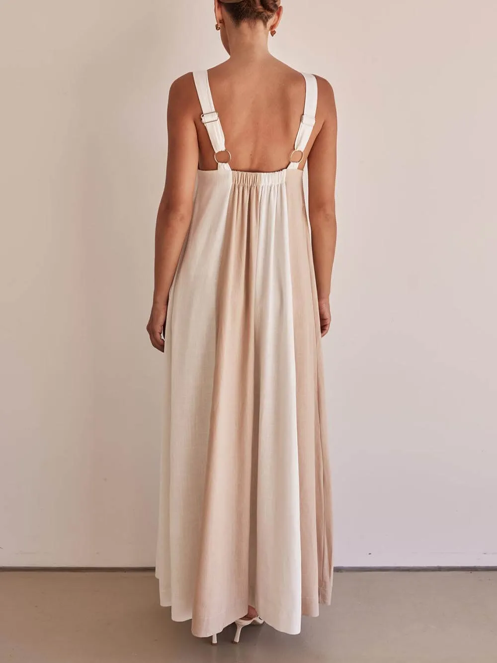 Elegant Two-Tone Stitching With Adjustable Straps A-Line Loose Maxi Dress