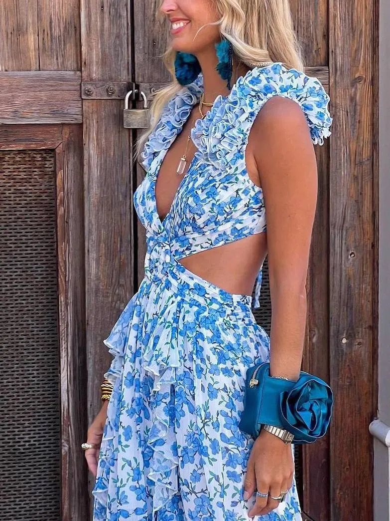 Deep V-neck Floral Hollow Maxi Dress