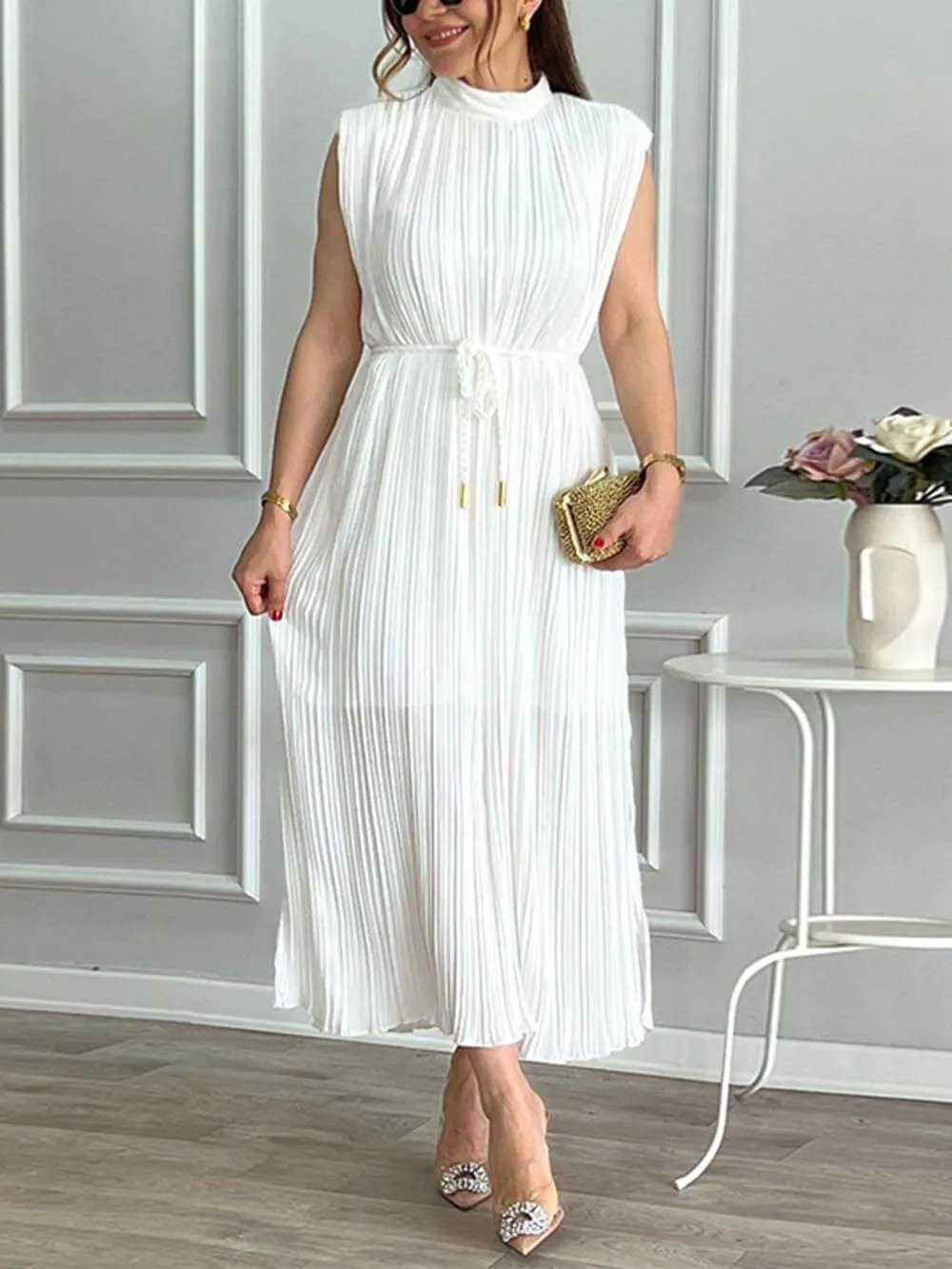 Elegant Pleated Half-High Collar Tie Midi Dress