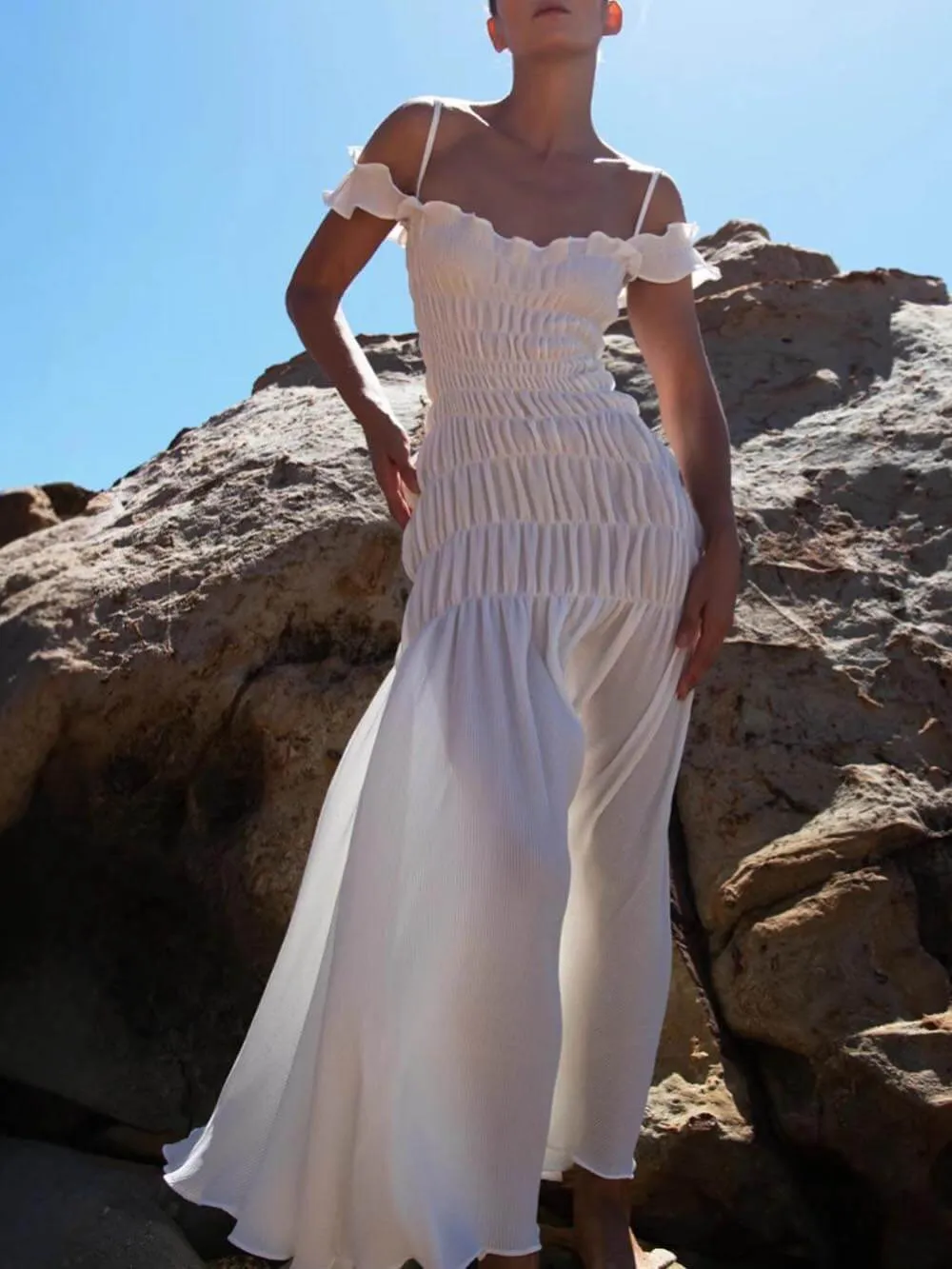 Classic Ruffled Pleated Suspender Maxi Dress