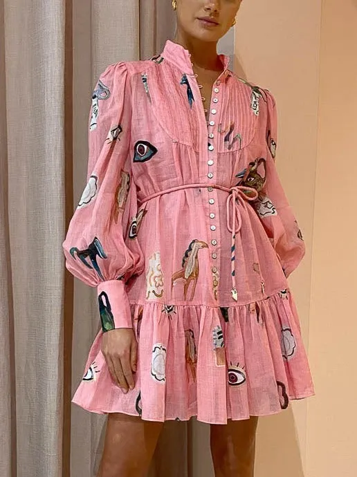 Unique Art Print Puff Sleeve Single Breasted Mini Dress