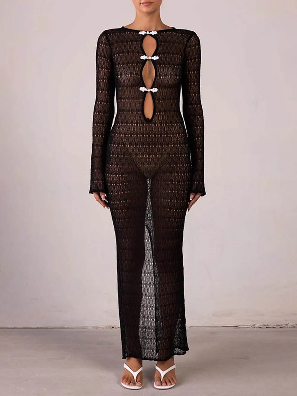 Retro Knit Contrast Spiral Trim Cutout Long Sleeve Vacation Maxi Dress