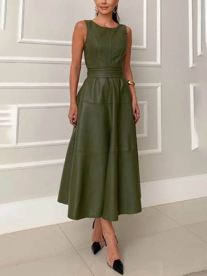 Fashion Round Neck Faux Leather A-Line Midi Dress