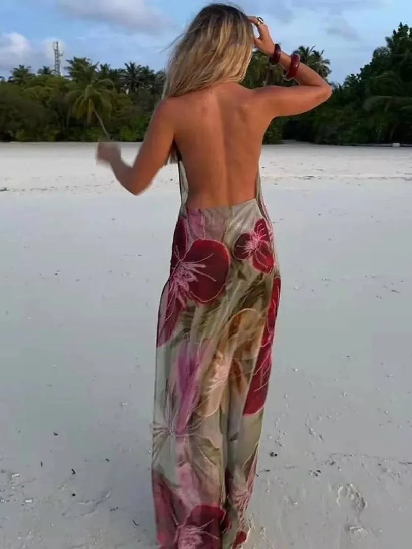 Halter Neck Backless High Slit Printed Dress