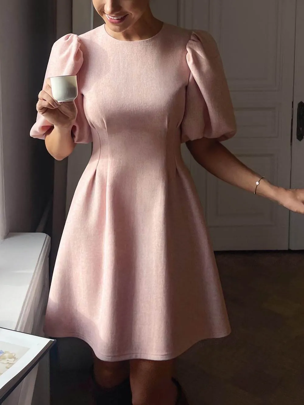 Elegant Round Neck Puff Sleeve Pleated A-Line Mini Dress