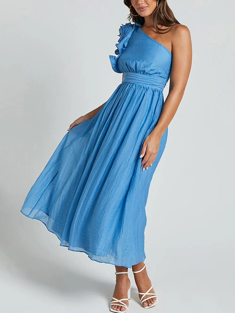 Unique Romantic Seaside One Shoulder Frill Detail Sleeve Layered Midi Dress