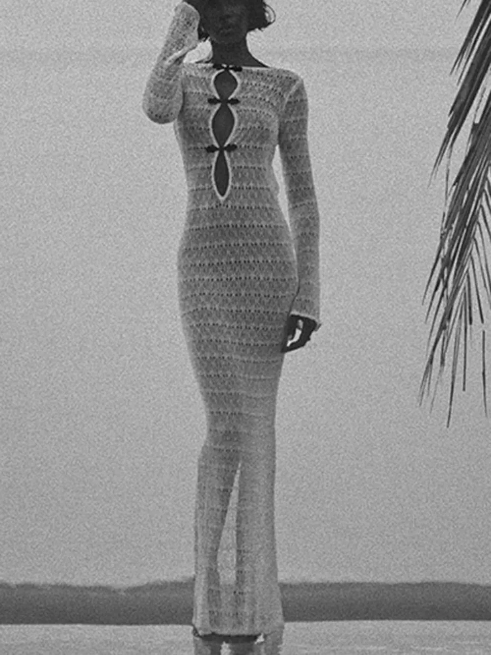 Retro Knit Contrast Spiral Trim Cutout Long Sleeve Vacation Maxi Dress