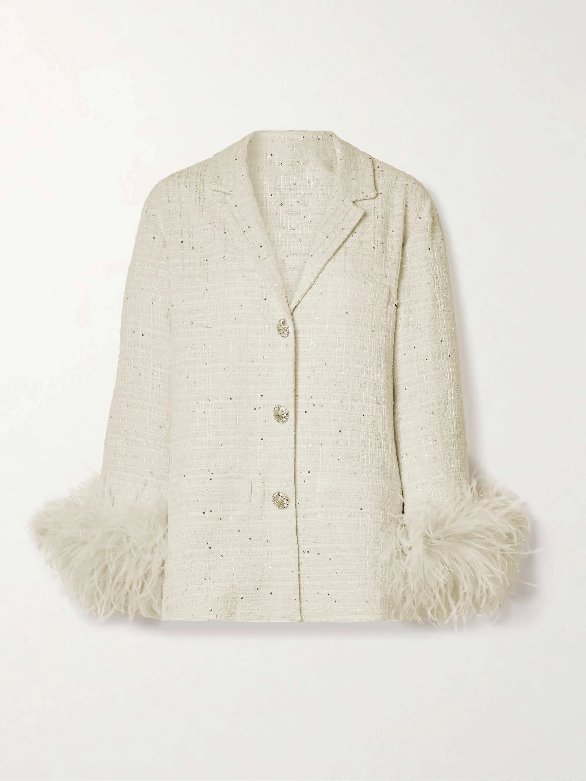 Elegant Feather-trimmed Embellished Tweed Blazer