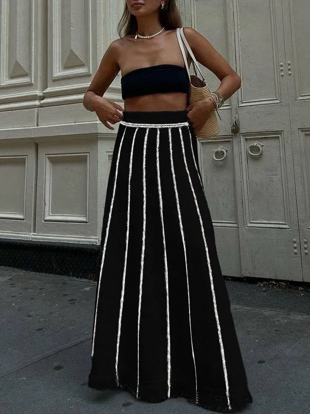 Casual Striped Tassel Knit Skirt
