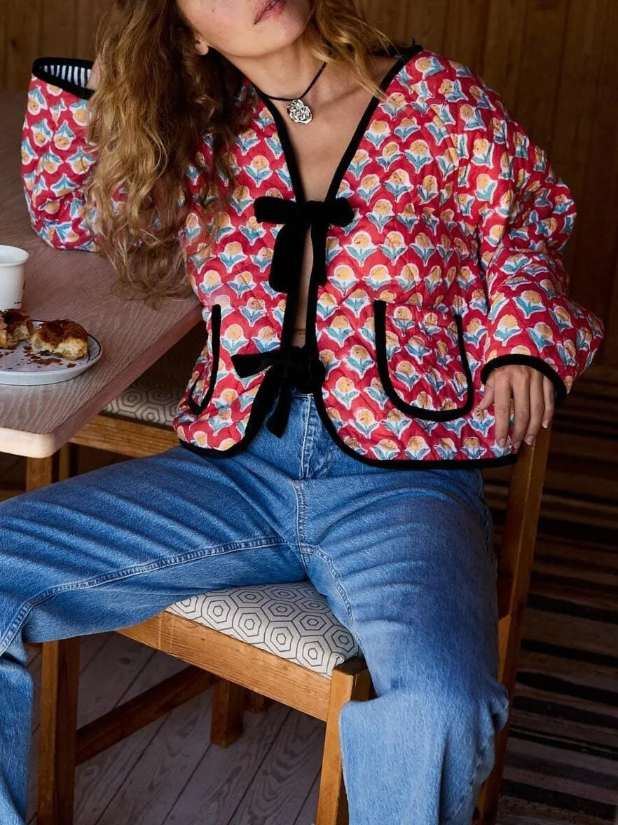 Fashionable Casual Lace-up Printed Cotton Jacket