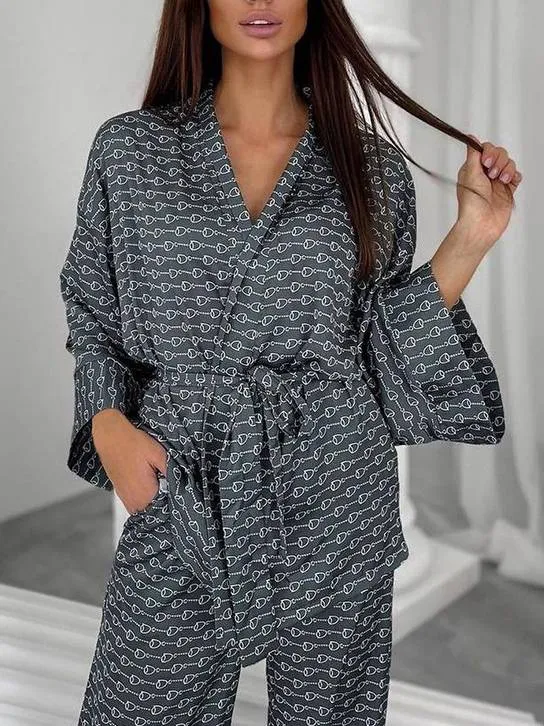 Printed Cardigan Nightgown Pants Home Wear