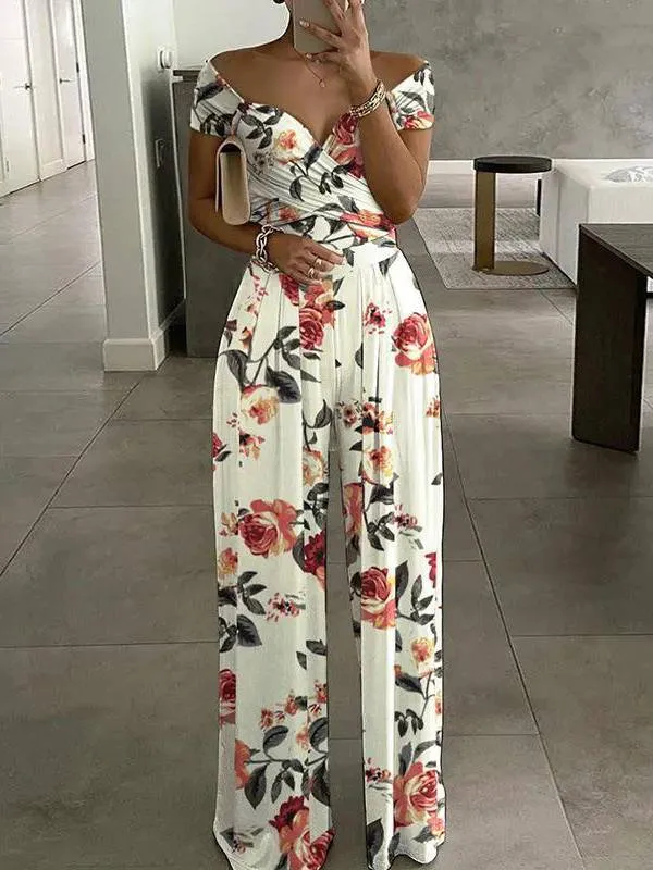 Off-shoulder Printed High-waist Jumpsuit