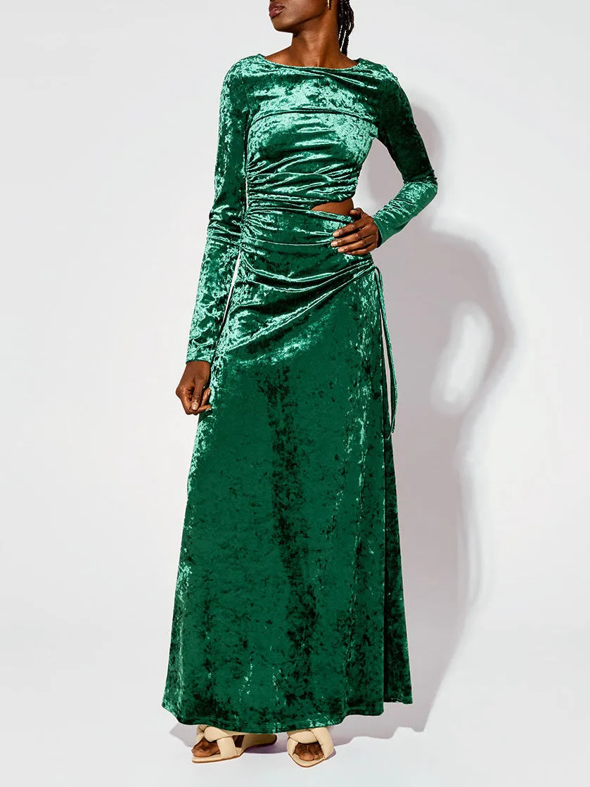Modern Cutout Shirred Diamond Velvet Maxi Dress