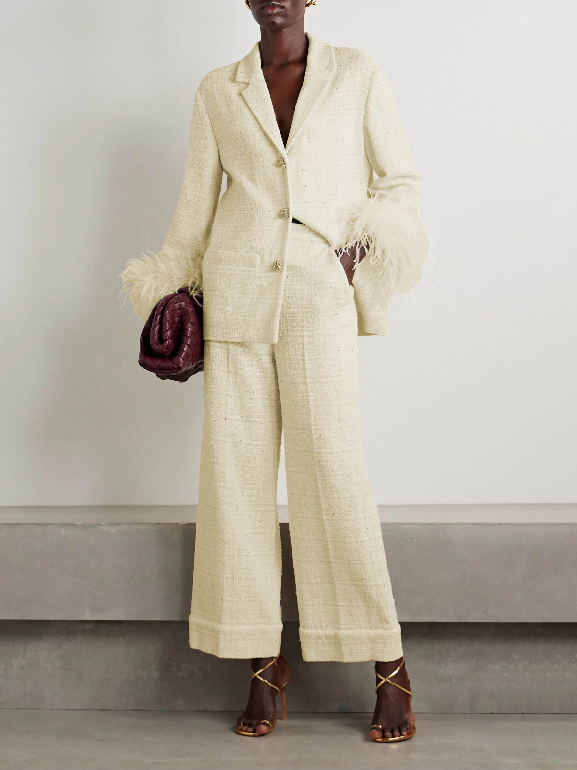 Elegant Feather-trimmed Embellished Tweed Blazer