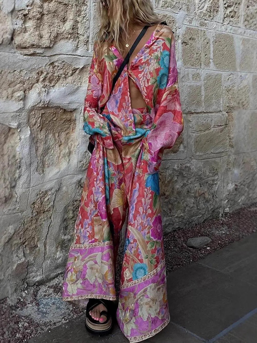 Unique casual floral Print Button Down Oversized Blouse