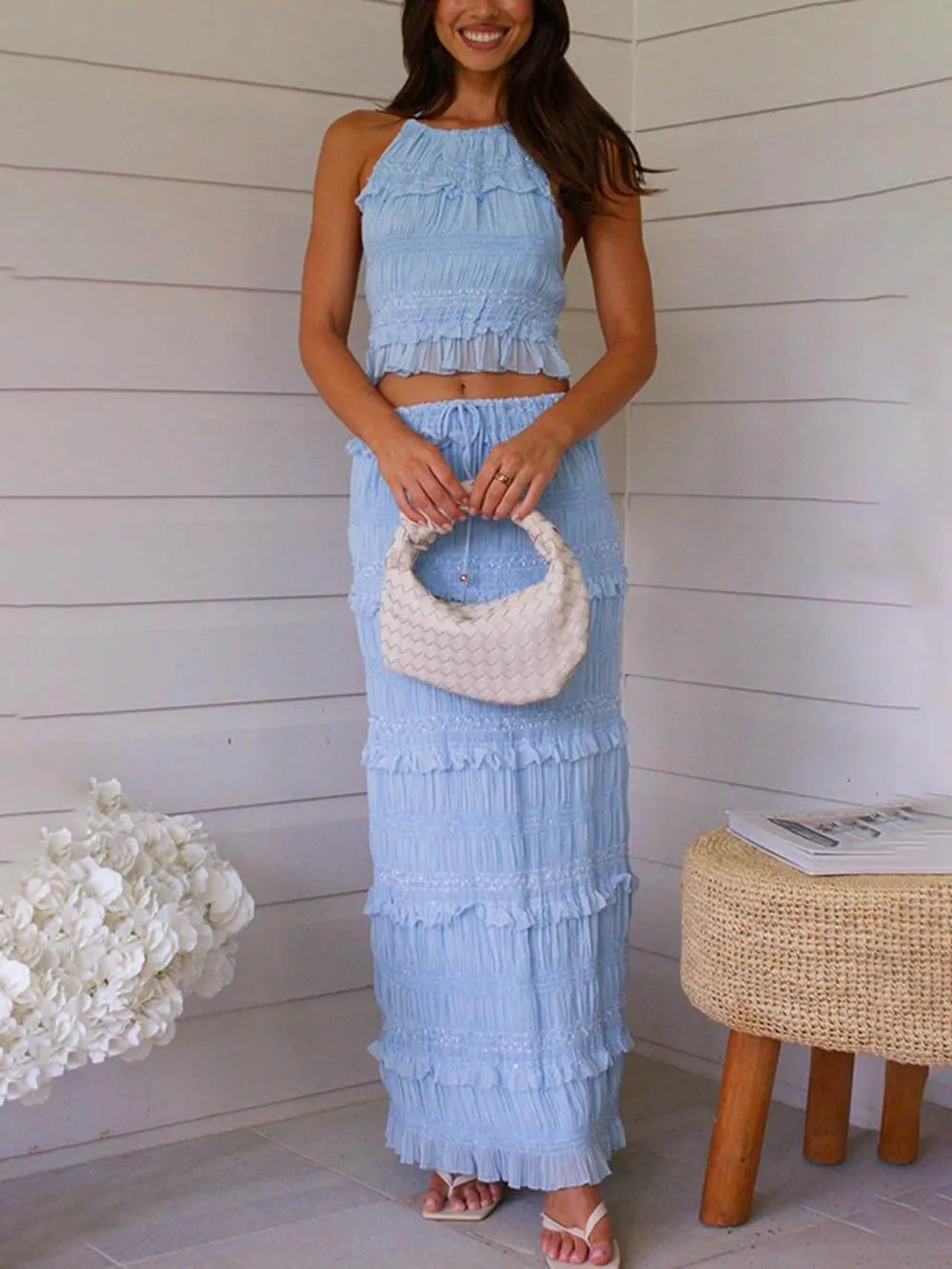 Charm Pleated Drawstring Elastic Waist Tiered Maxi Skirt