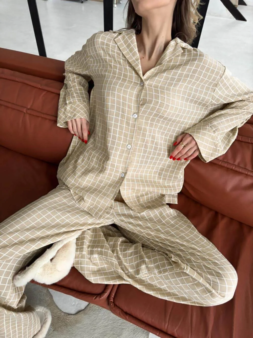 Loose-Fitting Plaid Print Long-Sleeved Home Wear Set