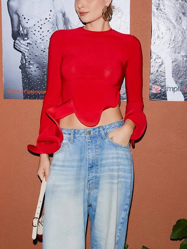 Ruffled Round Neck Trumpet Long Sleeve T-shirt