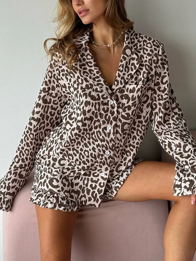 Leopard Print Long Sleeve Shorts Pajamas Suit