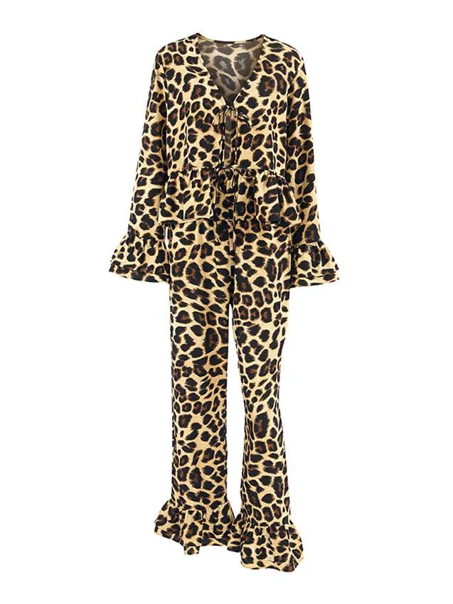 Leopard Printed Long Sleeve Long Pants HomeWear Suit