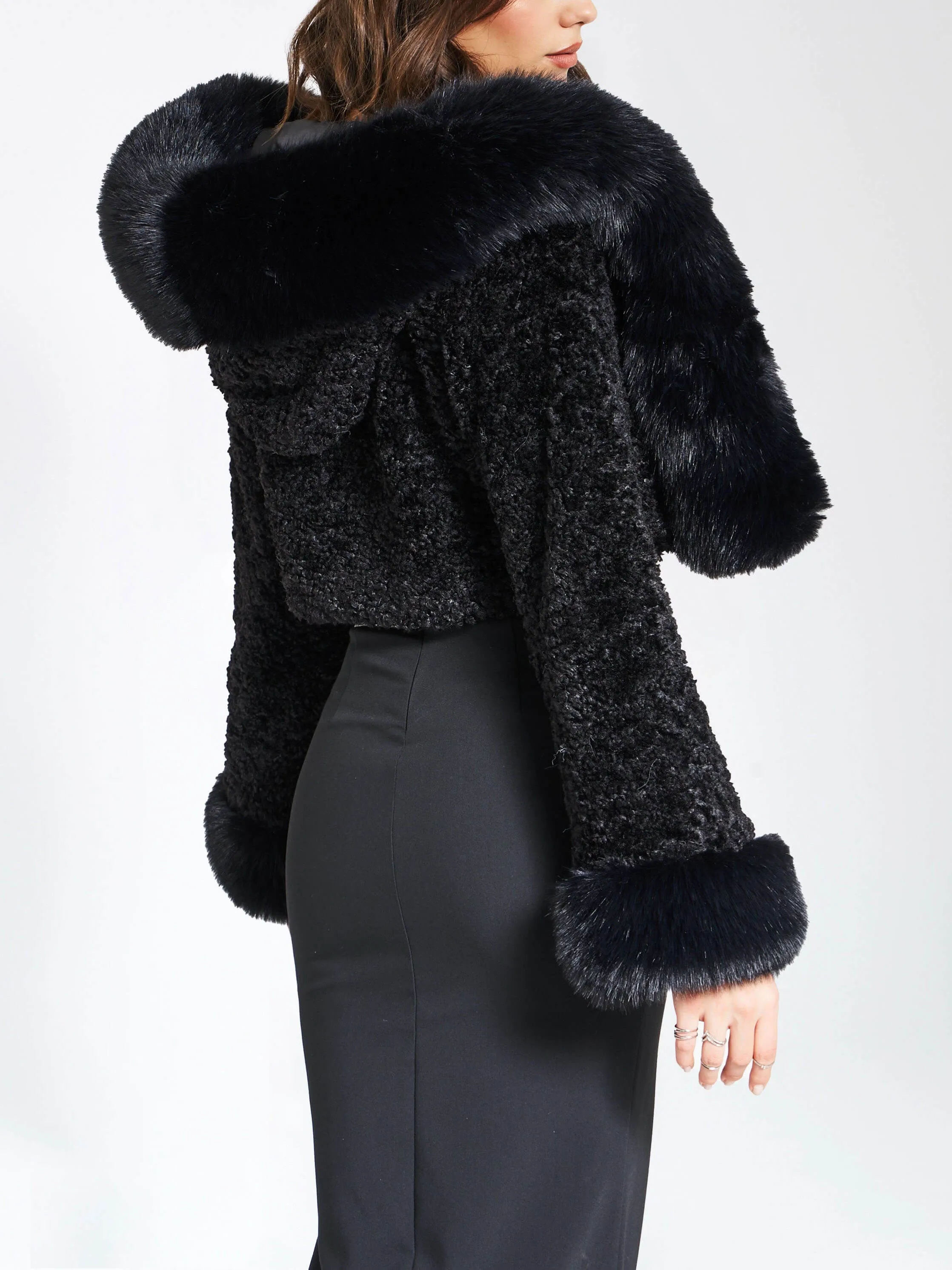Faux Fur Hooded Cropped Coat With Rabbit Fur Collar