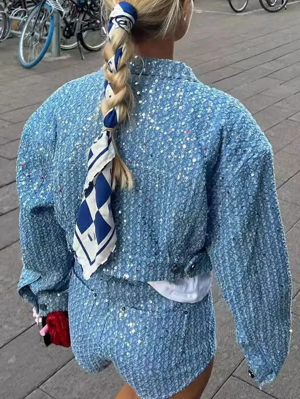 Denim Sequined Jacket Short Coat