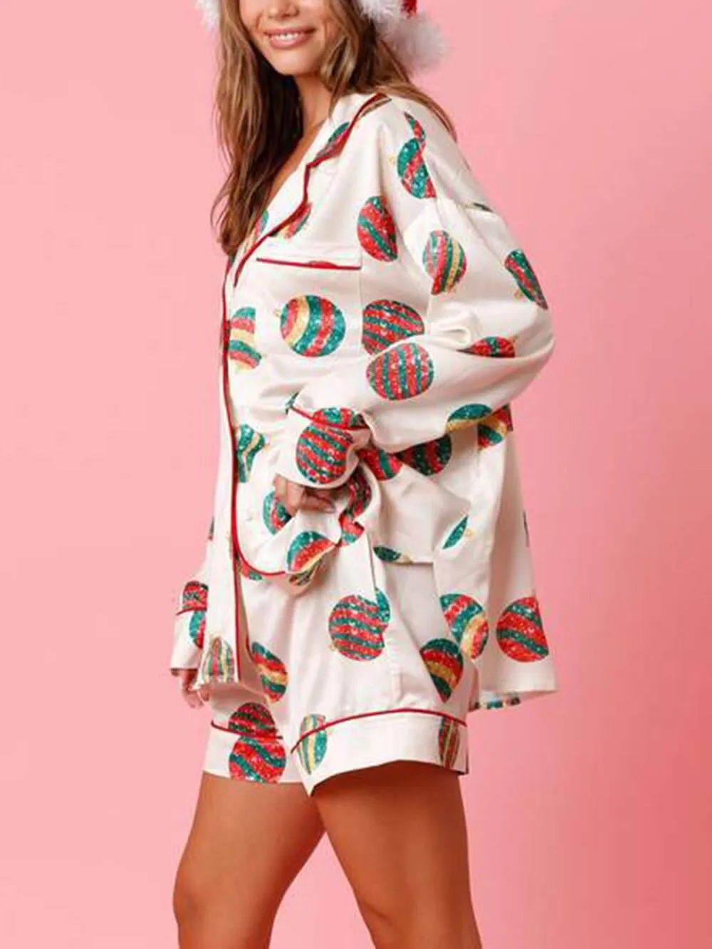 Christmas Satin Print Home Wear Pajamas Set