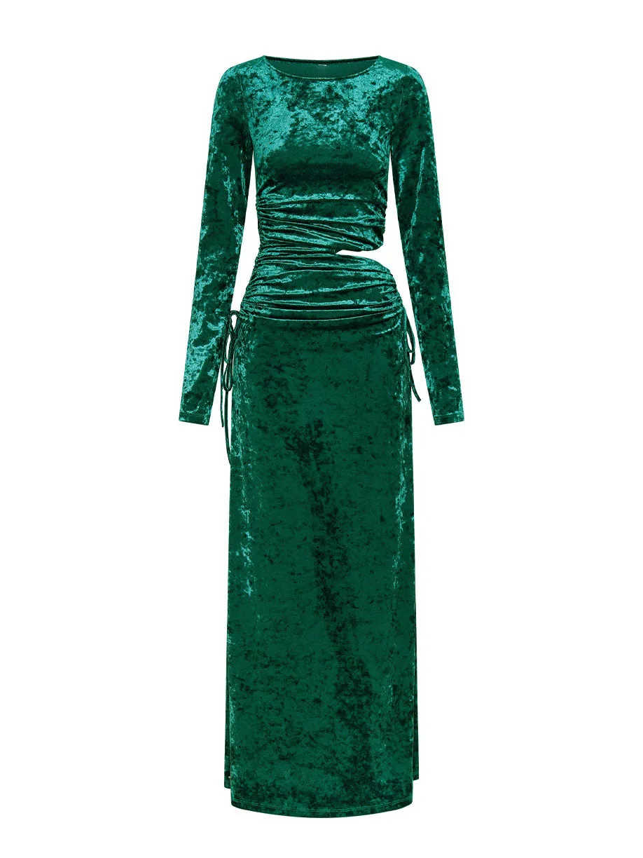 Modern Cutout Shirred Diamond Velvet Maxi Dress